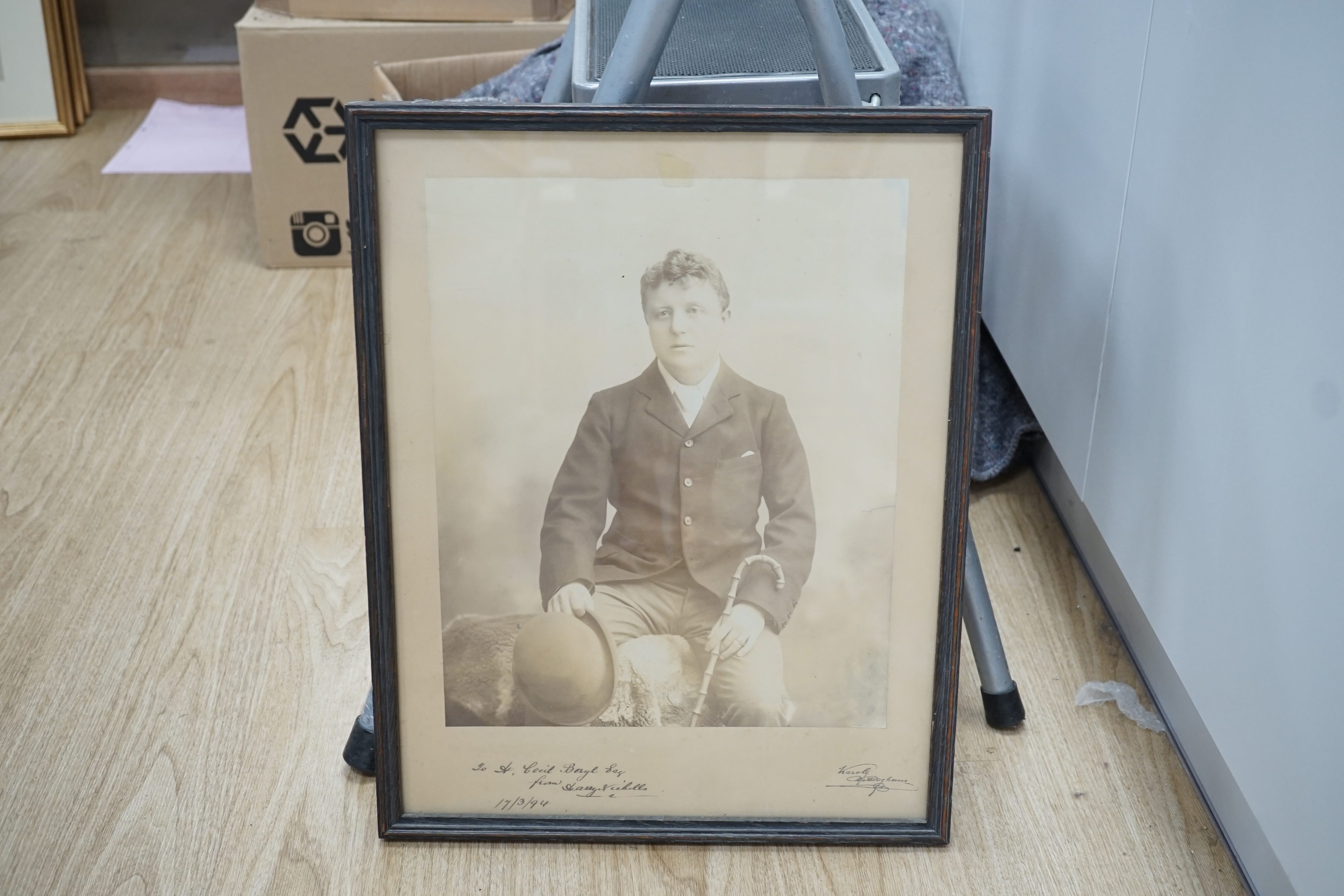 Kasoly of Nottingham, black and white photograph, Portrait of the actor Harry Nicholls (1852-1926), with presentation inscription to Cecil Beryl Esq. from Harry Nicholls, dated 1894, 35 x 28.5cm